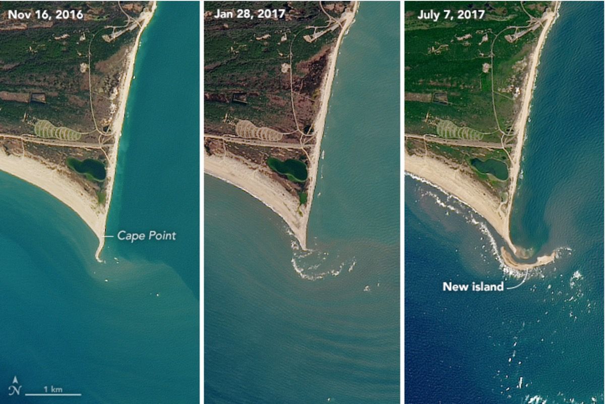 Satellite images reveal a new barrier island forming off the coast of Cape Hatteras National Seashore in North Carolina.