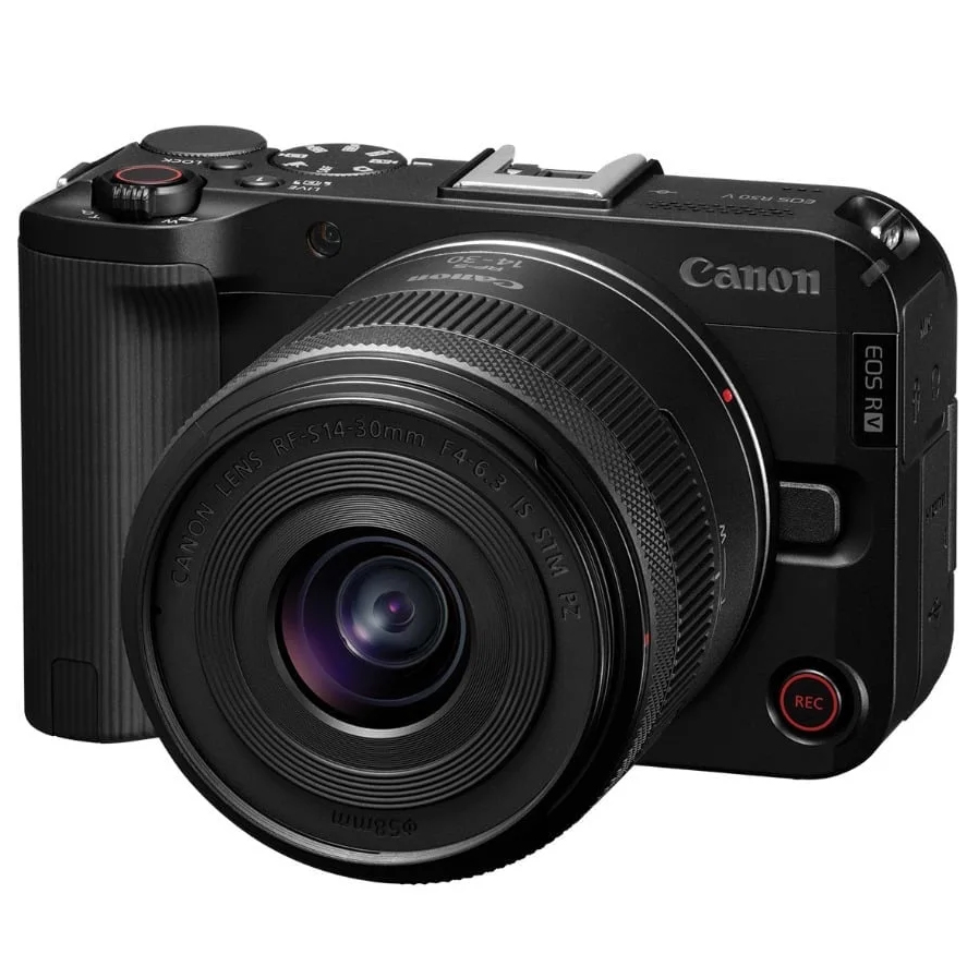 Canon EOS R50 V with RF-S 14-30mm PZ lens against a white background