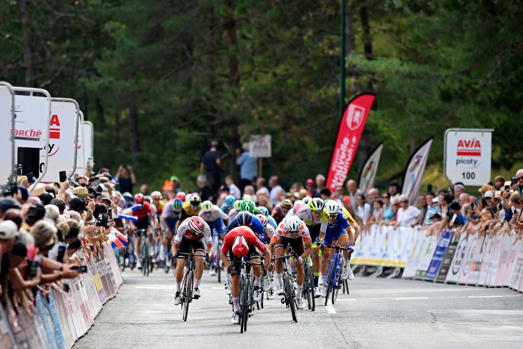 TRLISSAC FRANCE AUGUST 16 A general view of Jess Herrada of Spain and Team Cofidis Luca Mozzato of Italy and Team ArkaSamsic Benot Cosnefroy of France and Ag2R Citron Team Polka dot Mountain Jersey and Lewis Askey of The United Kingdom and Team Groupama FDJ sprint at finish line during the 56th Tour du LimousinPerigord Nouvelle Aquitaine 2023 Stage 2 a 1856km stage from Excideuil to Trlissac on August 16 2023 in Trlissac France Photo by Dario BelingheriGetty Images