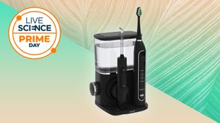 Waterpik complete care 9.0 electric toothbrush and water flosser combo set on a green leafy background with the live science amazon prime day logo in the top left corner