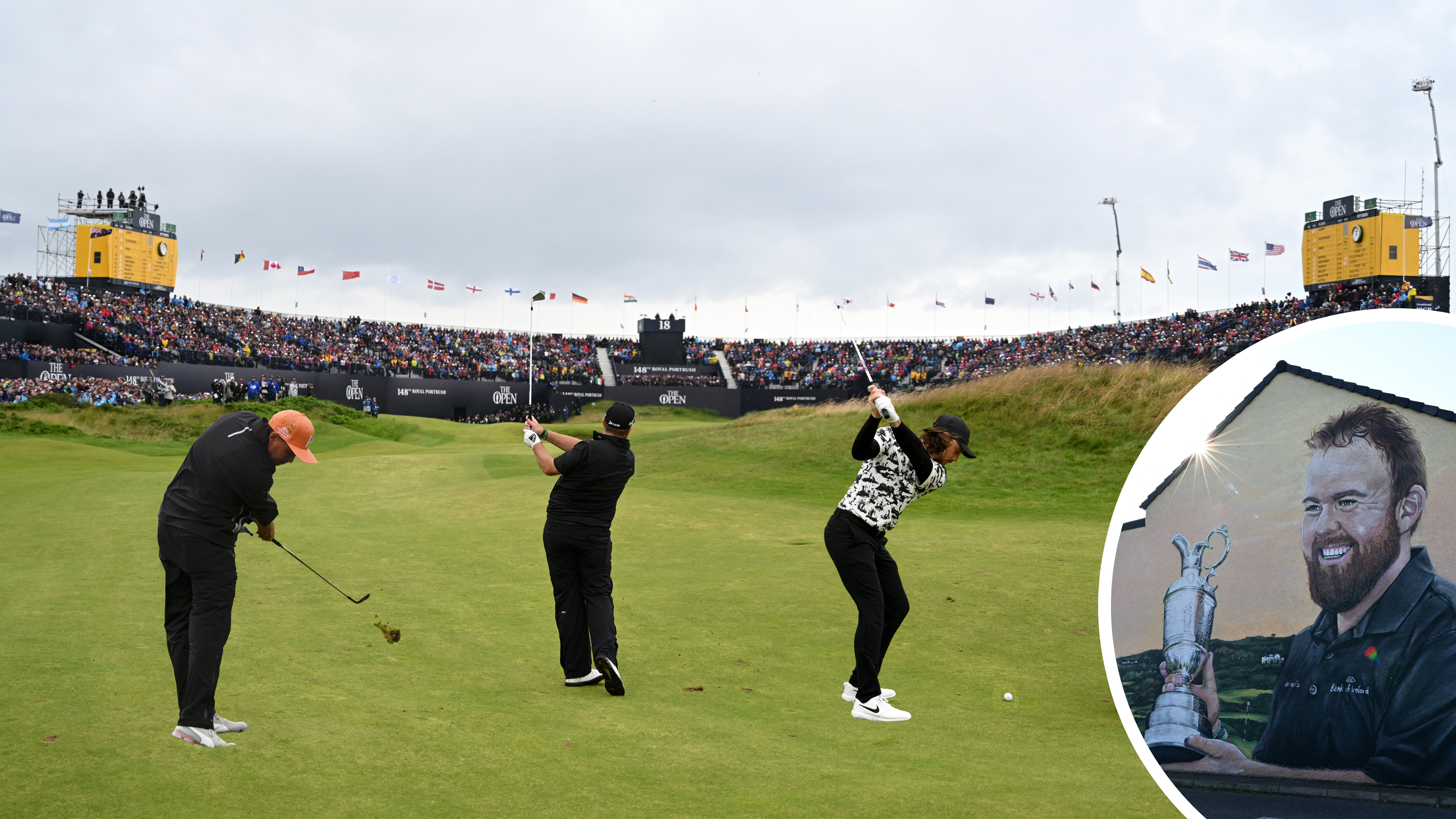 Open Champion Shane Lowry playing his approach shot into the 18th green during the 2019 Open Championship at Royal Portrush, with a packed grandstand behind the green, with inset images of Tommy Fleetwood and Rickie Fowler also playing their approach shots into the same green