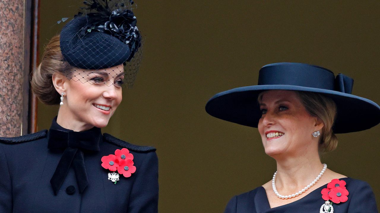 Kate Middleton and Duchess Sophie both wear black outfits for Remembrance Day with red poppies to honor fallen soldiers