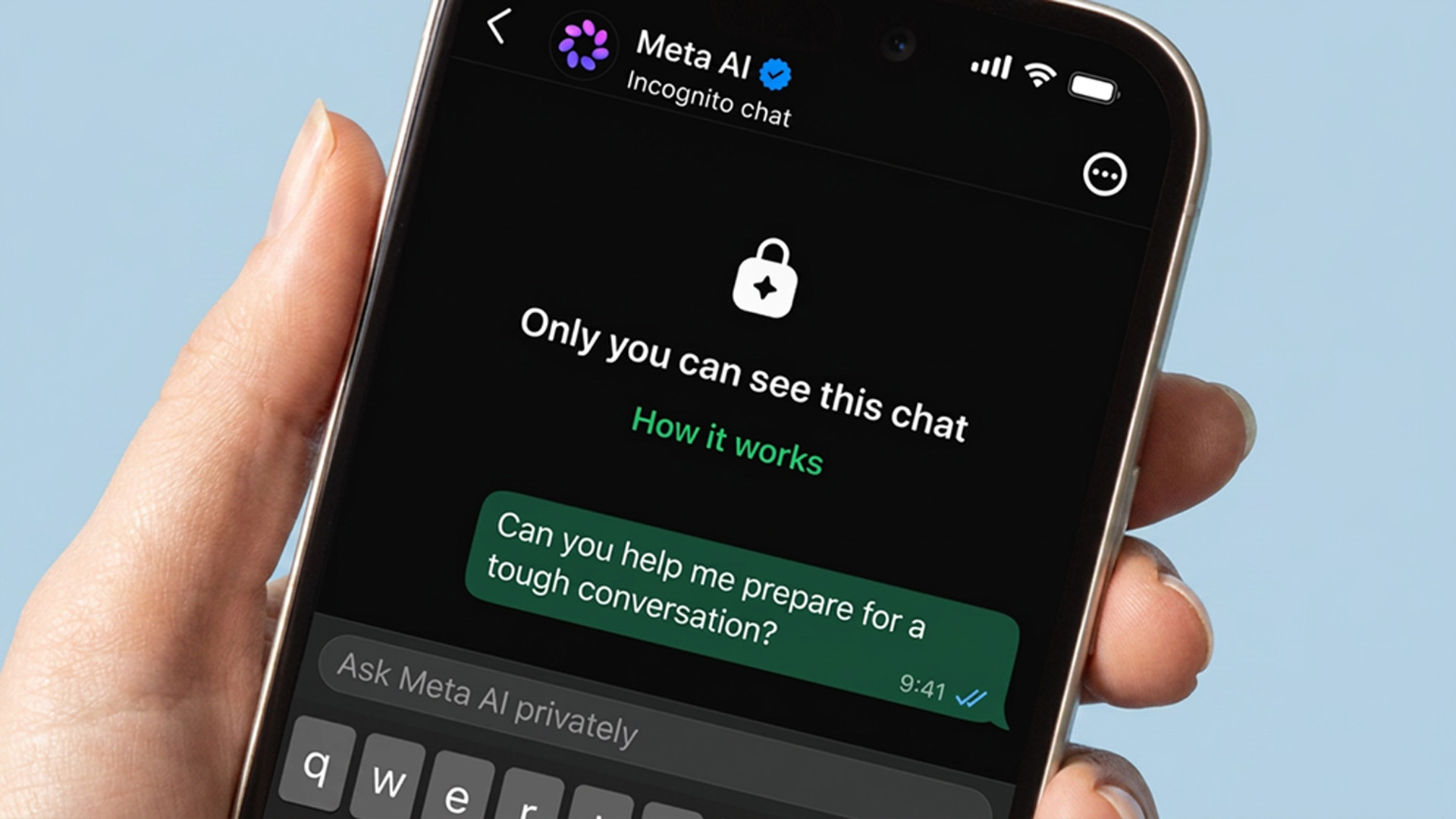 Incognito Chat with Meta AI running in WhatsApp on a phone