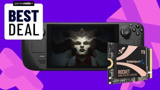 Sabrent Rocket SSD next to Steam Deck with Lilith from Diablo 4 on screen with purple backdrop and GamesRadar logo that reads "best deal"