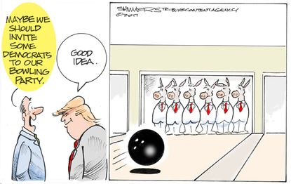 Political Cartoon U.S. President Trump knocks down Democrats