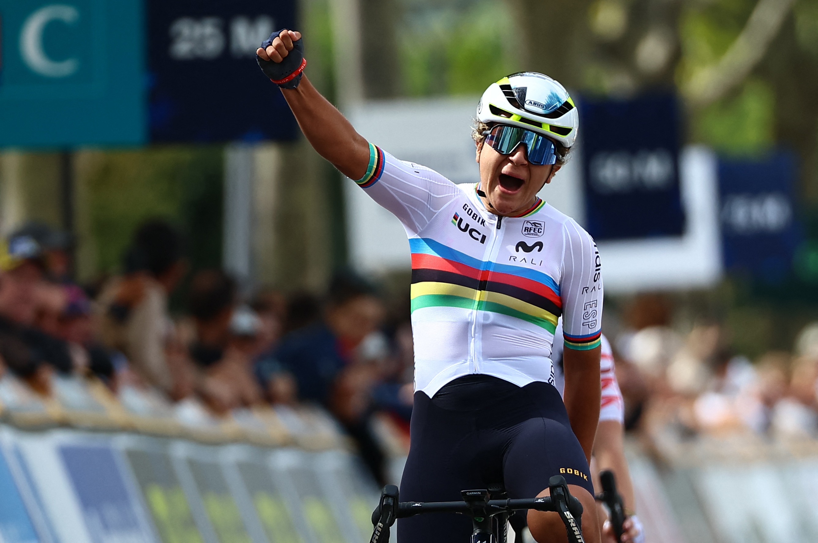 Spain Paula Ostiz Taco celebrates on the finish line as she won the Women Junior Road Race at the UEC road European cycling championships, a 62,9 km track in Loriol-sur-Drome, France on Friday 03 October 2025. The European cycling championships Drome-Ardeche takes place from 1 to 5 October, France. BELGA PHOTO DAVID PINTENS (Photo by DAVID PINTENS / BELGA MAG / Belga via AFP) (Photo by DAVID PINTENS/BELGA MAG/AFP via Getty Images)
