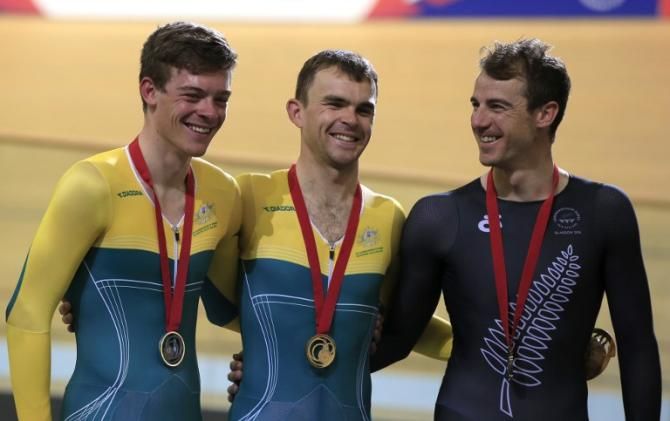 The men's individual pursuit podium: Alex Edmondson, Jack Bobridge and Marc Ryan