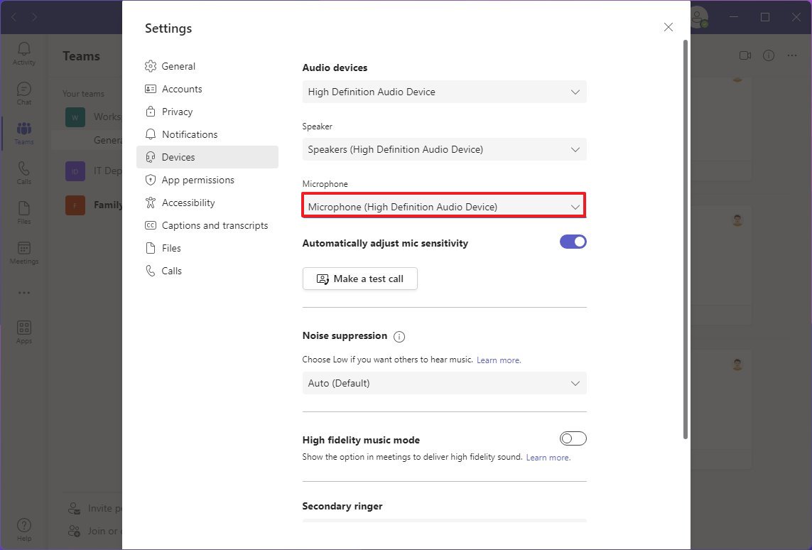 Microsoft Teams microphone option