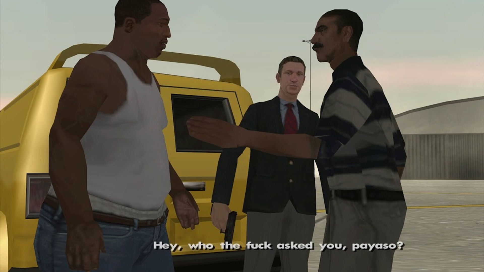 CJ talks to two men outside a yellow van, one has a gun, and the other is asking why he's interfering - in GTA San Andreas