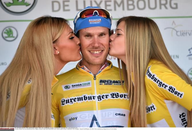 Jempy Drucker (Wanty - Groupe Gobert) in the leader's jersey at the Tour of Luxembourg