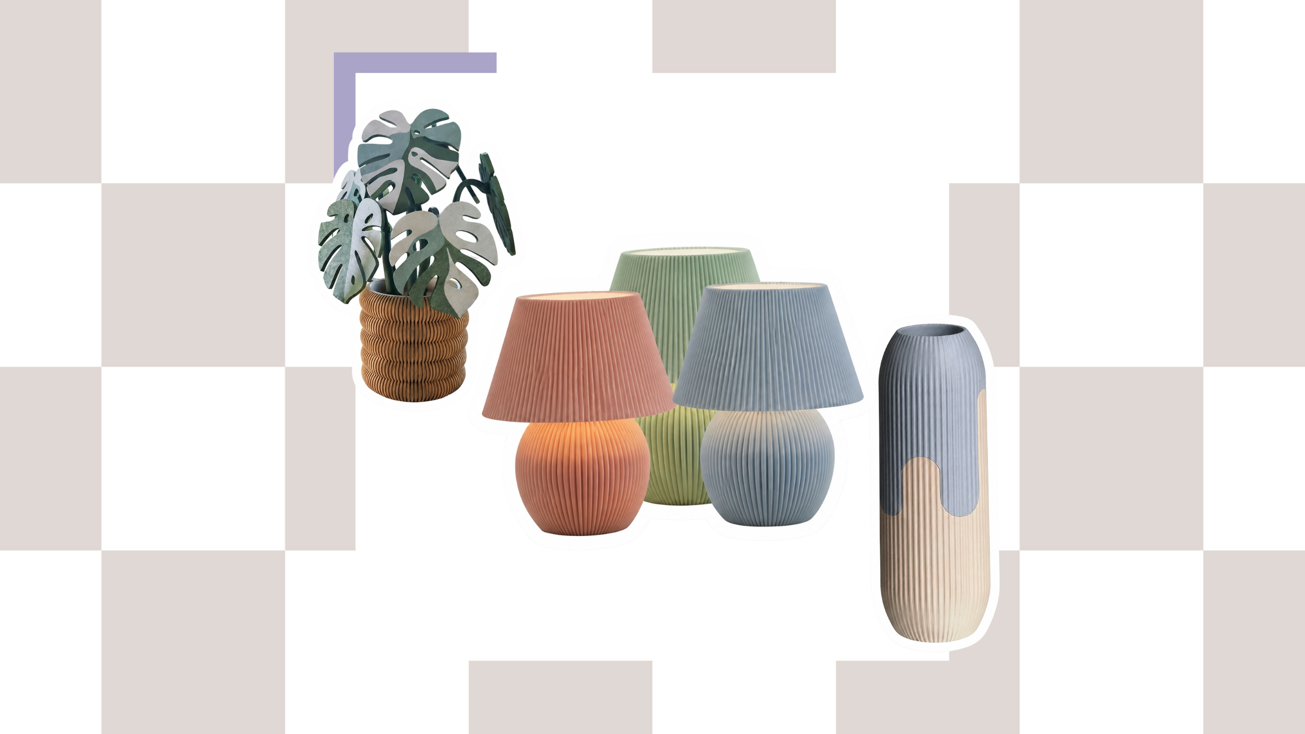 A collage of Bambu Lab 3D printer models including a monstera coaster plant, a set of table lamps, and a minimalistic vase