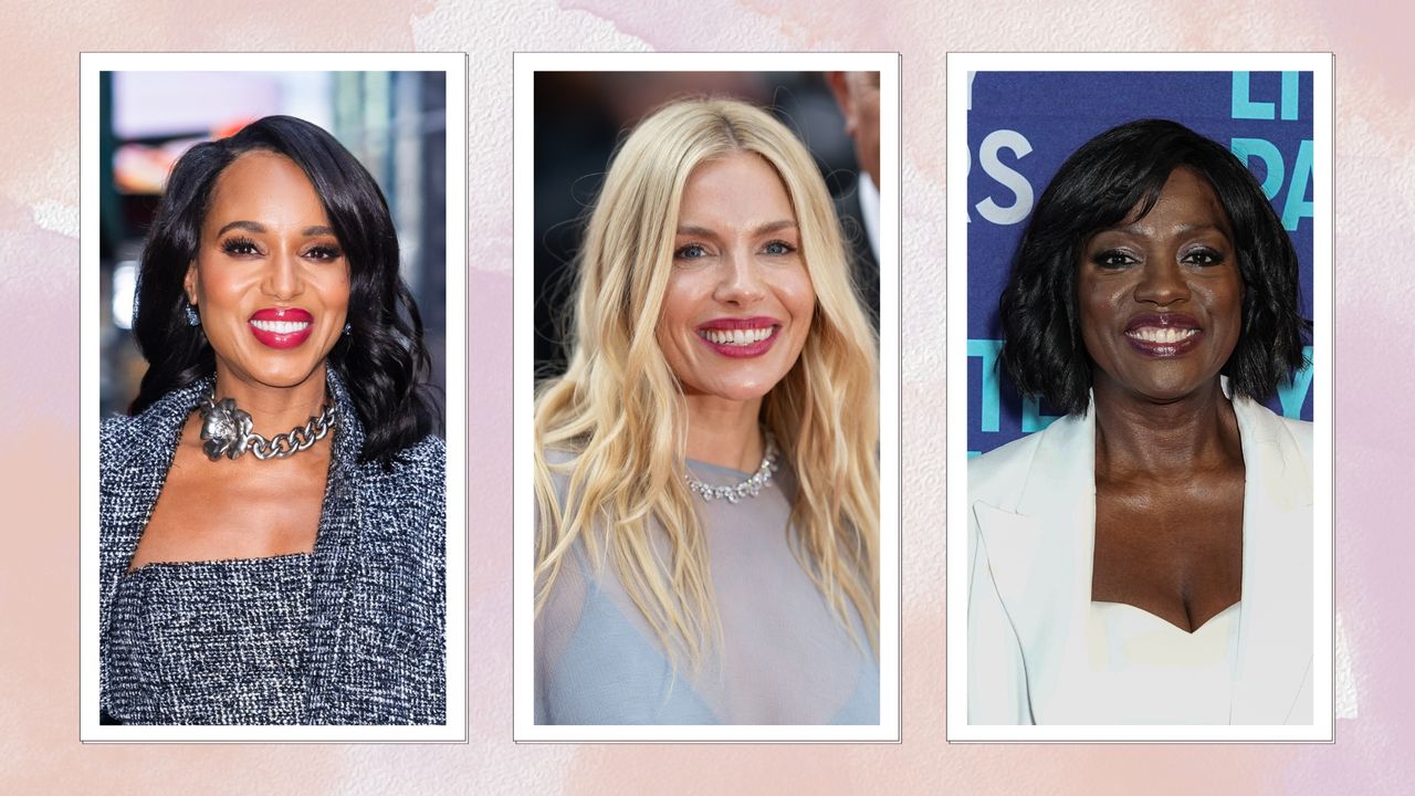 A collage of Kerry Washington, Sienna Miller and Viola Davis wearing berry lipstick