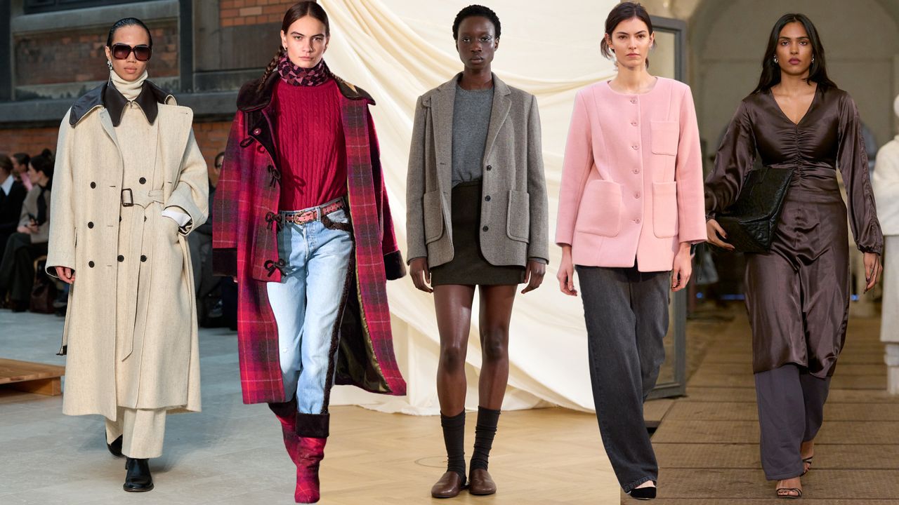 a collage of models walking the runway at Copenhagen Fashion Week wearing a variety of fall outfits