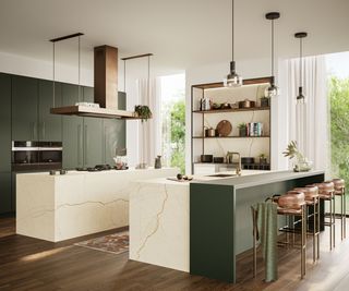 White and green kitchen with porcelain countertops used to create the two islands