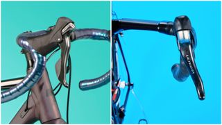 Image shows the shifters of 10-speed Ultegra vs modern Tiagra