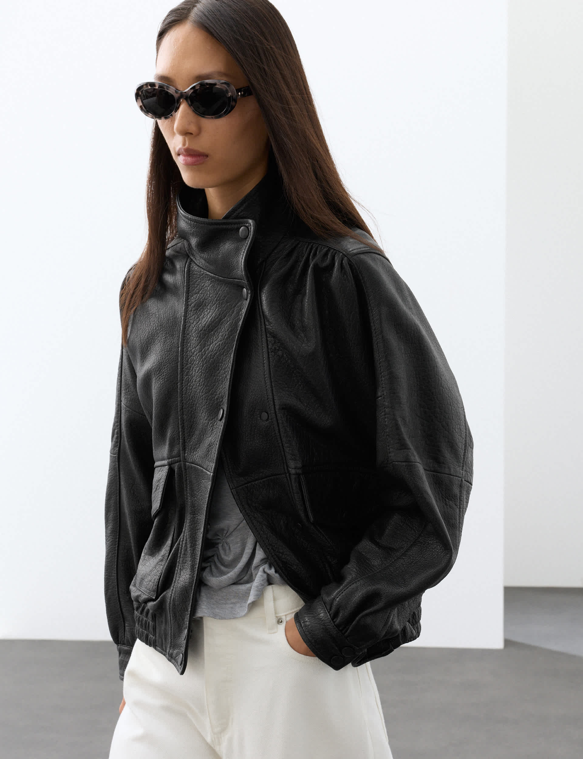 Leather Funnel Neck Bomber Jacket