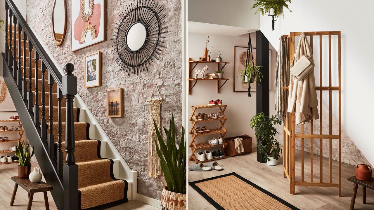 Two pictures of small entryways: one with a staircase and one with a jute rug and partition