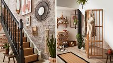 Two pictures of small entryways: one with a staircase and one with a jute rug and partition