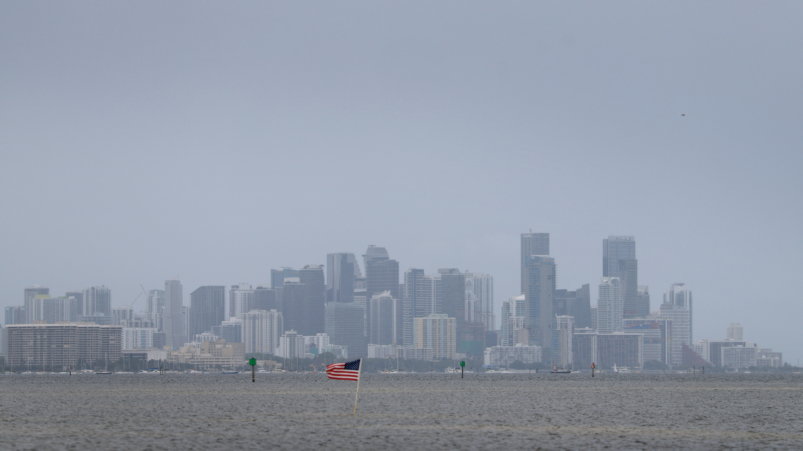 A photo of the Miami skyline surrounded by a hazy sky
