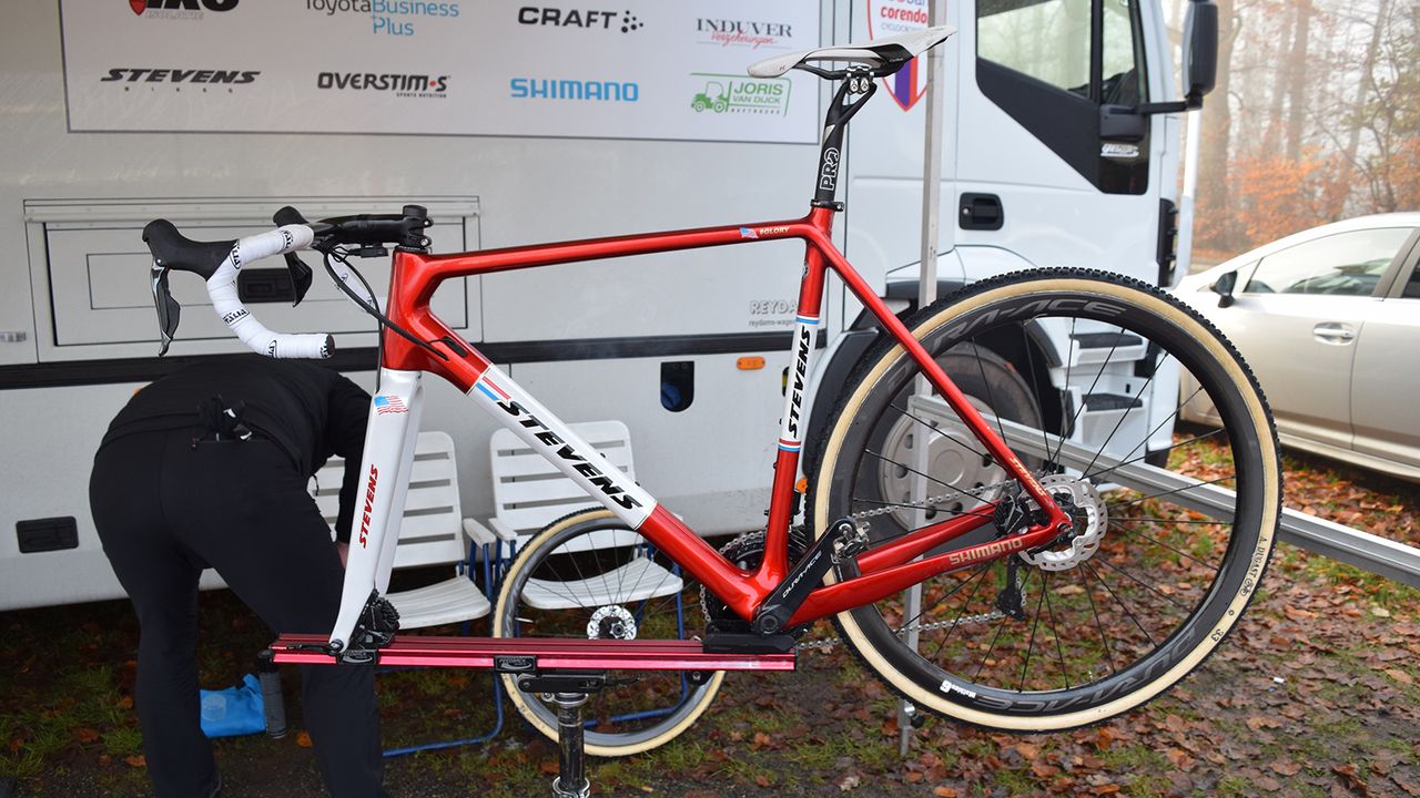 Alongside Mathieu van der Poel's stock Stevens Super Prestige bikes, the former world champion has two custom framesets