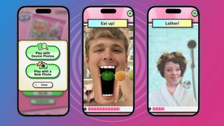 Three phone screens with various Pictonico! screenshots on them.