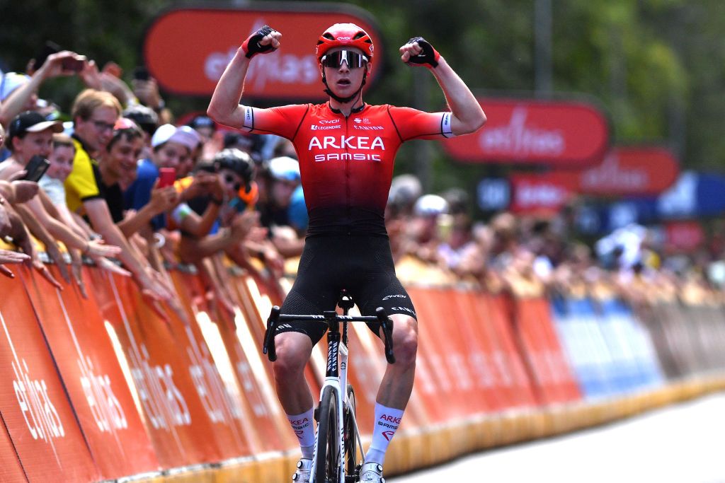 OVERIJSE BELGIUM AUGUST 24 Matis Louvel of France and Team Arka Samsic celebrates winning during the 62nd Druivenkoers Overijse 2022 one day race a 192km from Overijse to Overijse VDO22 on August 24 2022 in Overijse Belgium Photo by Luc ClaessenGetty Images