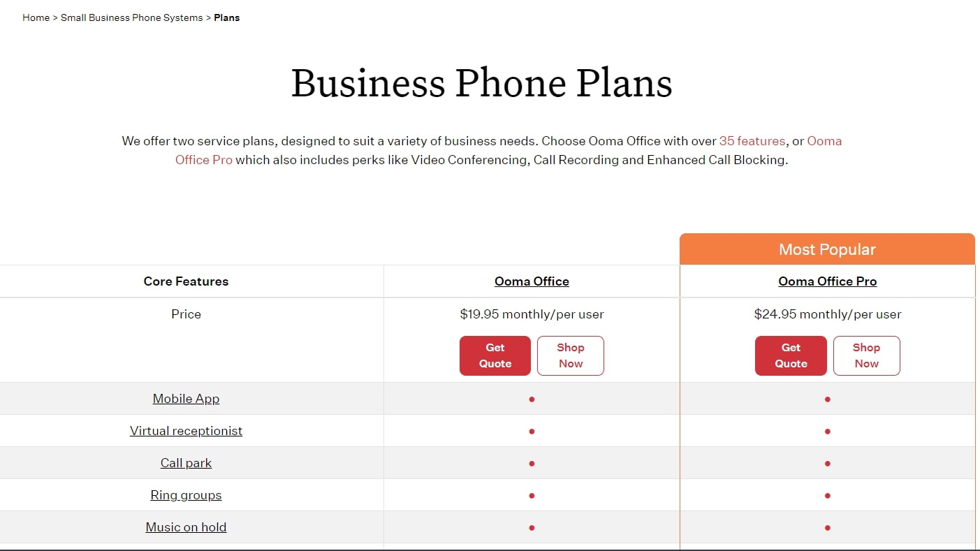 screenshot of ooma office website