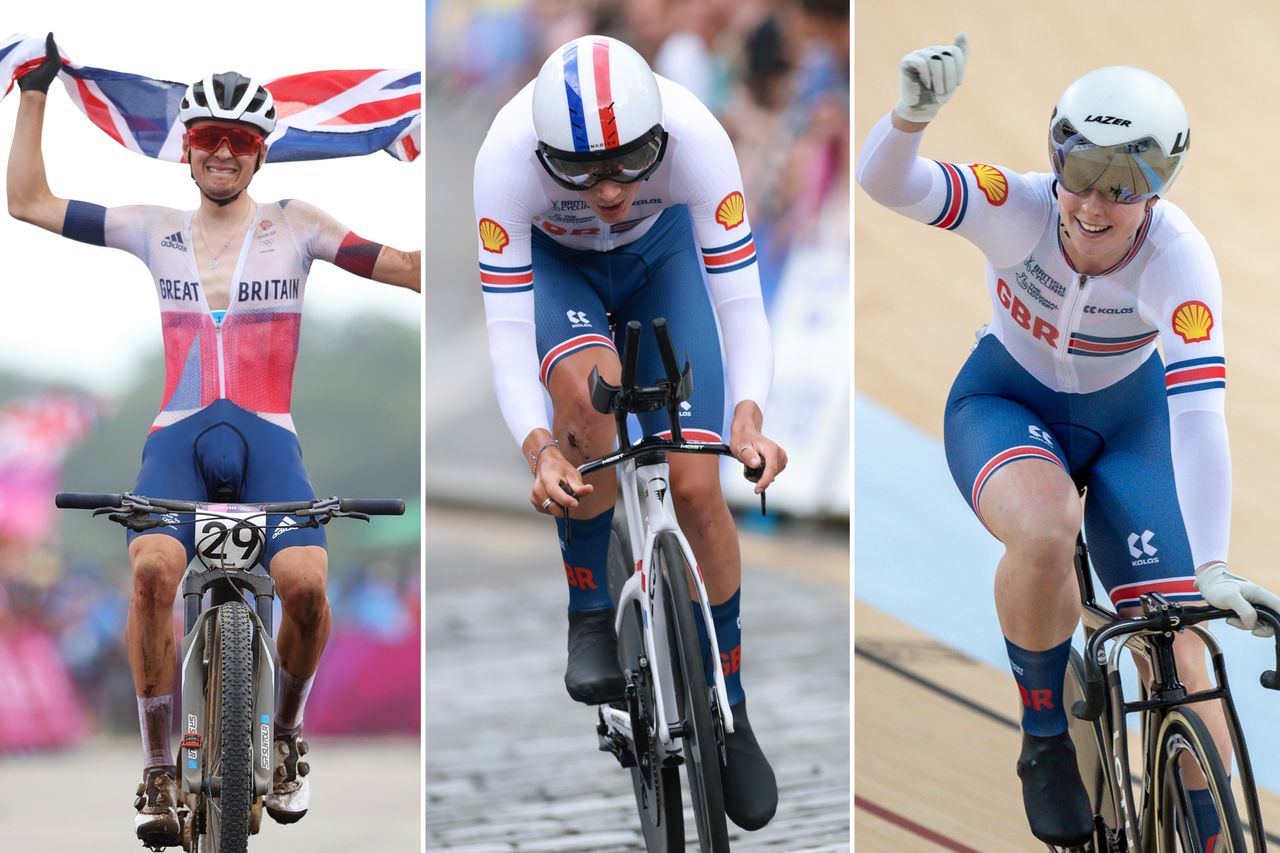 A collage of Tom Pidcock, Josh Tarling and Emma Finucane riding bicycles