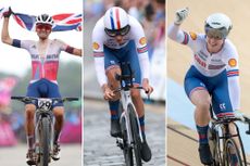 A collage of Tom Pidcock, Josh Tarling and Emma Finucane riding bicycles