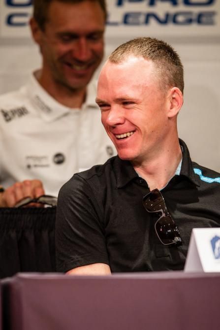 Chris Froome (Sky) has a laugh during today's press conference.