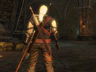 Best Witcher 1 mods - Thanks to the Scabbard mod, Geralt stands with his swords safely tucked in sheaths