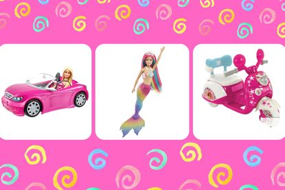collage of the best Black Friday Barbie deals including dolls, a Barbie trike and Barbie car 