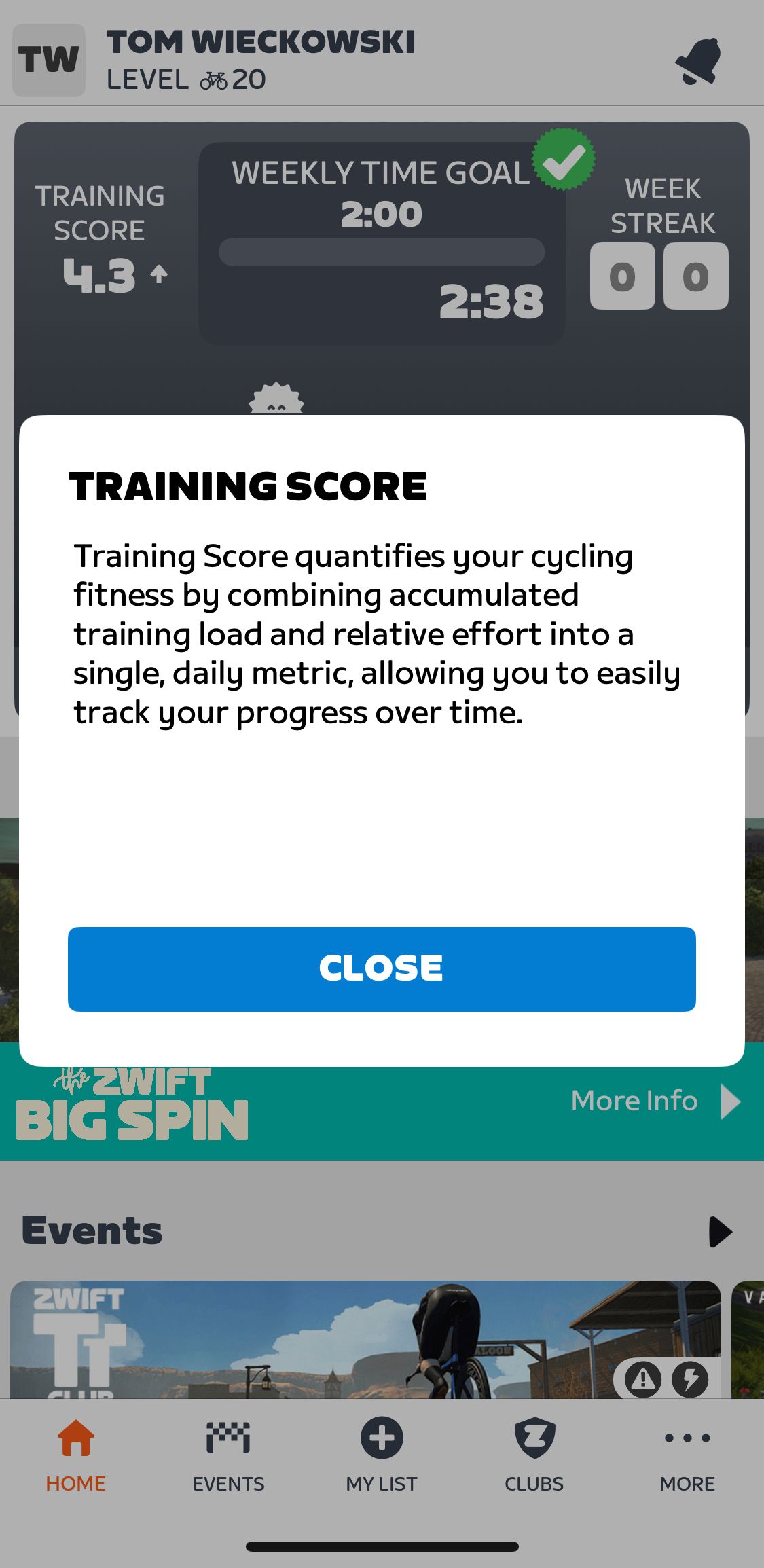 A screengrab from the Zwift companion app