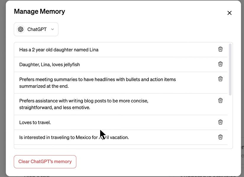 The "Manage Memory" page will list users see a full list of what ChatGPT remembers about them.