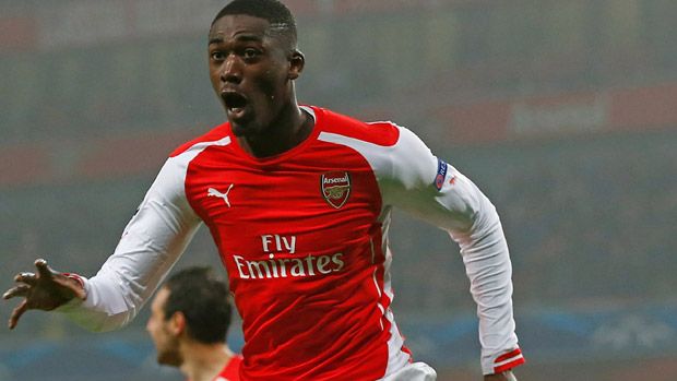 Yaya Sanogo of Arsenal celebrates after scoring the opening goal during the match between Arsenal and Borussia Dortmund