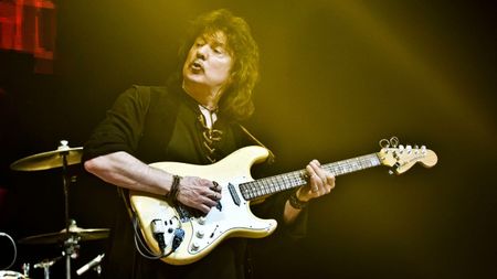  Ritchie Blackmore of the British band Ritchie Blackmore's Rainbow performs live on stage during a concert at the Velodrom on April 18, 2018 in Berlin, Germany.