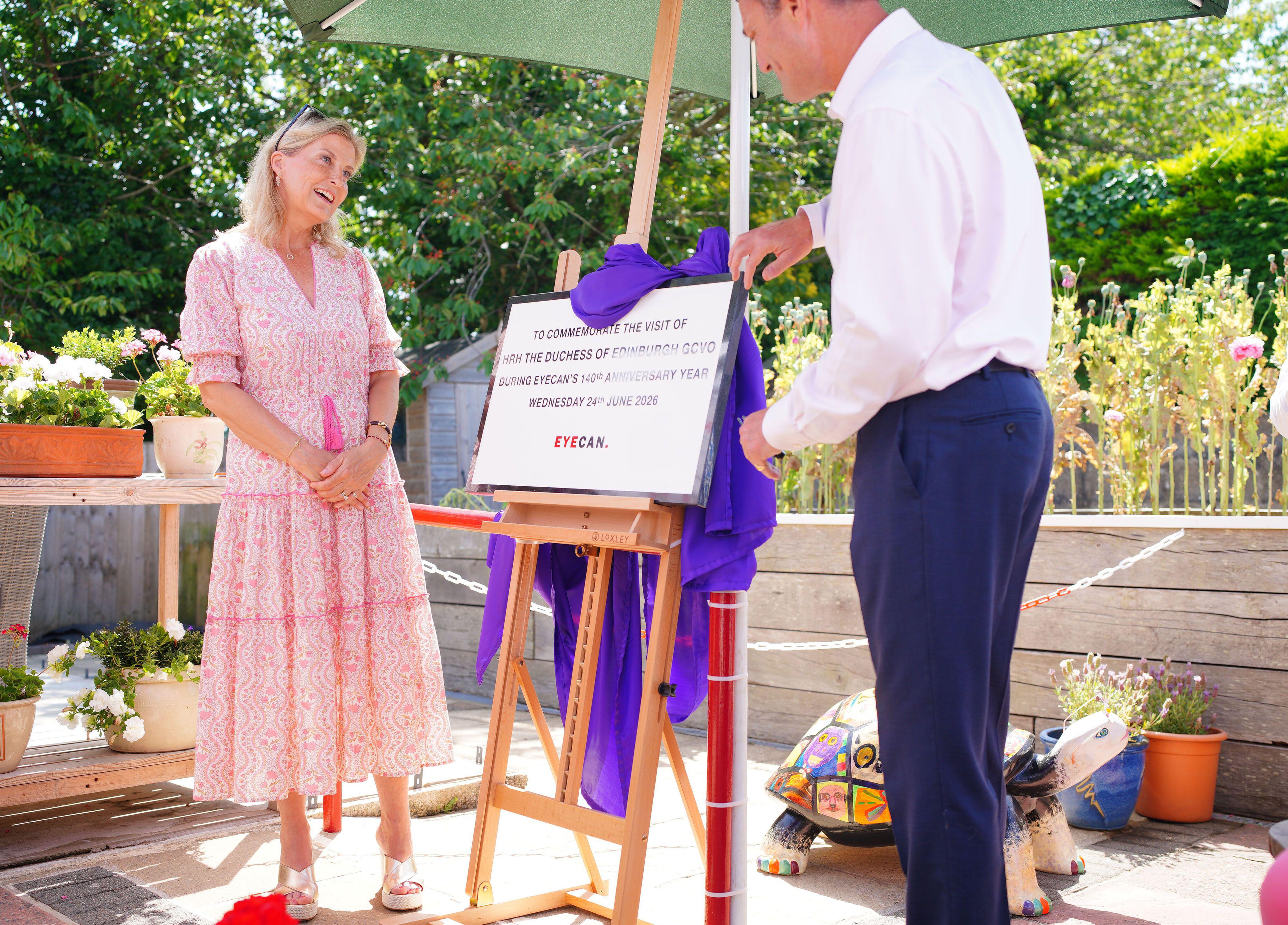 Duchess Sophie wearing a pink dress looking at a plaque