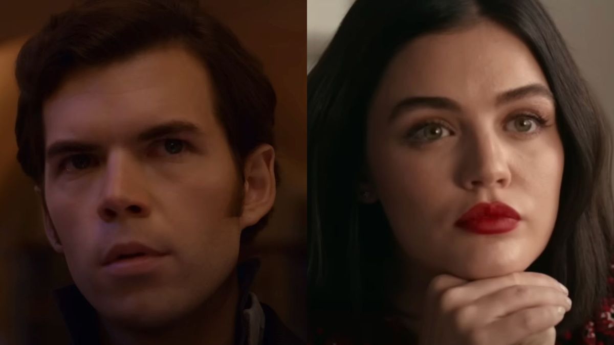 Luke Newton looking into the camera in Bridgerton and Lucy Hale looking into the camera with her chin in her hands in The Hating Game. 