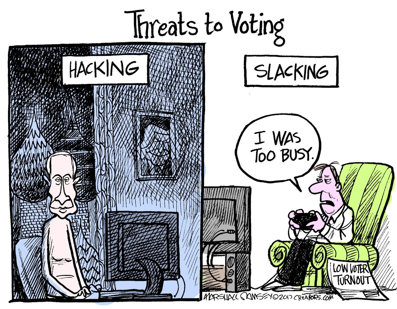 Political cartoon U.S. Russia investigation election hacking America voter turnout