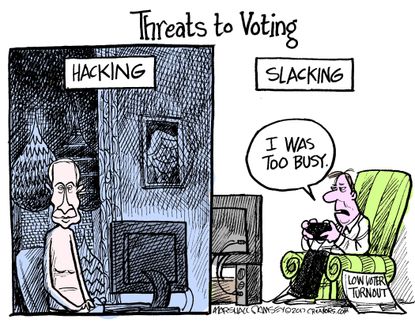 Political cartoon U.S. Russia investigation election hacking America voter turnout