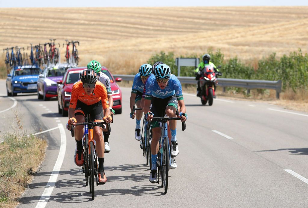 BURGOS SPAIN AUGUST 03 LR Joan Bou Company of Spain and Team Euskaltel Euskadi Marton Dina of Hungary and EoloKometa Cycling Team in the Breakaway during the 43rd Vuelta a Burgos 2021 Stage 1 a 161km stage from BurgosCatedral to BurgosAlto del Castillo 980m VueltaBurgos BurgosCycling CapitalMundialdelCiclismo catedral2021 on August 03 2021 in Burgos Spain Photo by Gonzalo Arroyo MorenoGetty Images
