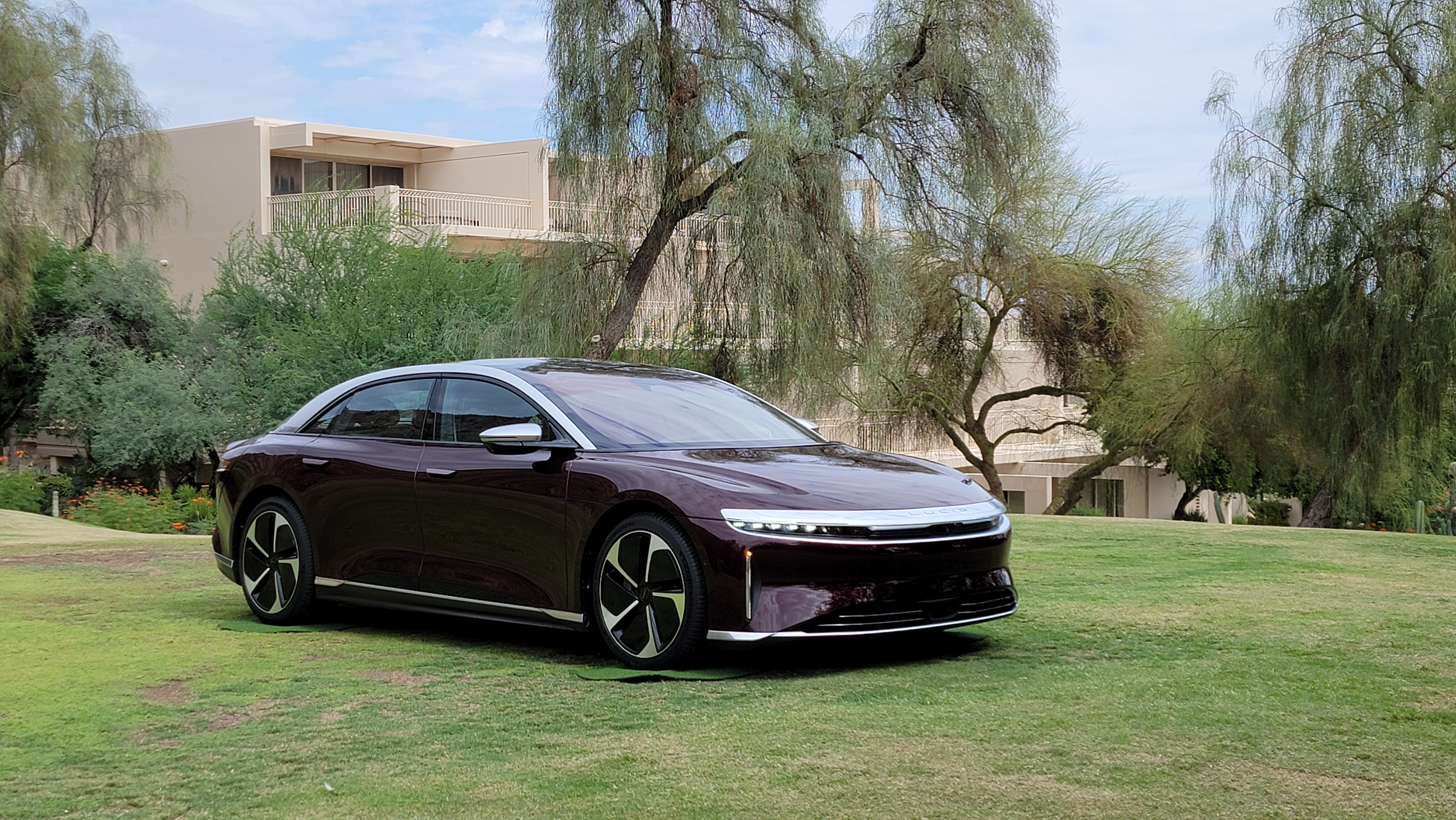 Angled side view of car parked on grass