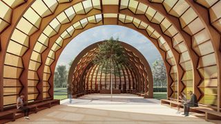 2025 Serpentine Pavilion renders by Marina Tabassum showing a capsule like space