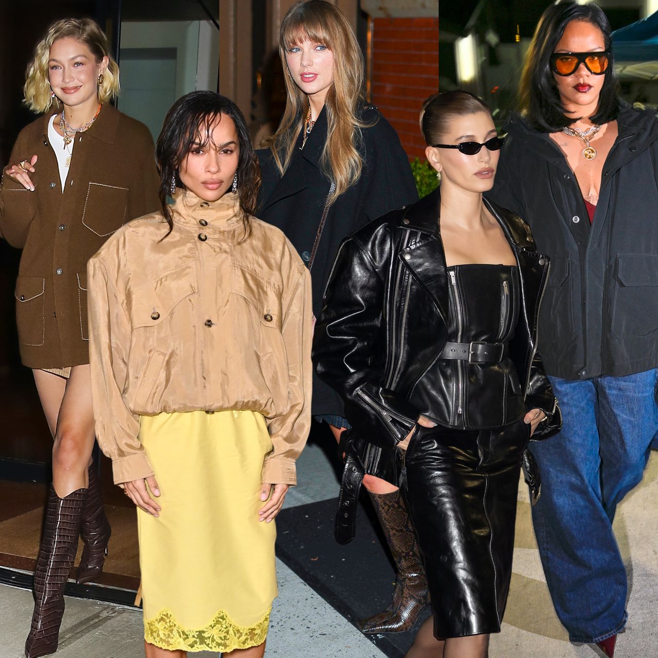 collage of Gigi Hadid, Zoe Kravitz, Taylor Swift, Hailey Bieber, and Rihanna 