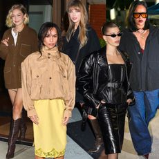 collage of Gigi Hadid, Zoe Kravitz, Taylor Swift, Hailey Bieber, and Rihanna