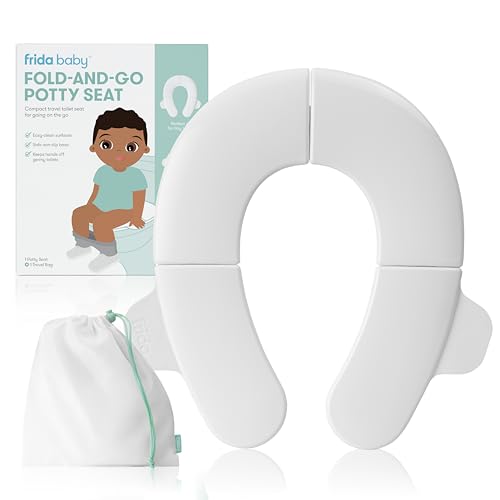 Frida Baby Fold-And-Go Portable Potty Seat for Toilet, Foldable Travel Potty Seat for Toddler, Fits Round &amp;amp; Oval Toilets, Non-Slip Base, Handles, Includes Free Travel Bag