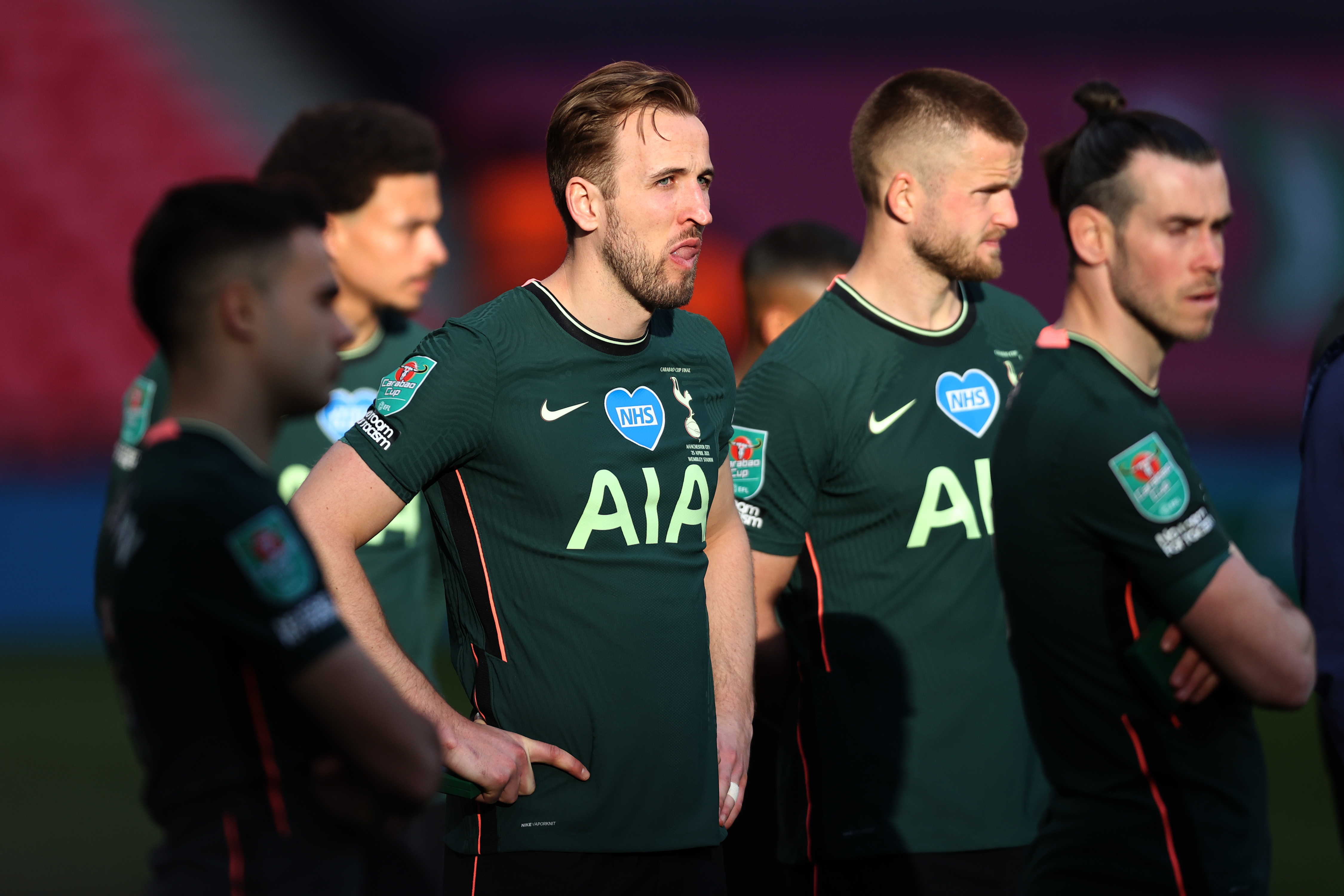 Tottenham players look dejected after defeat to Manchester City in the 2021 League Cup final at Wembley.