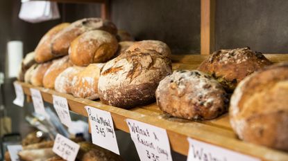 A selection of freshly baked bread on a shelf