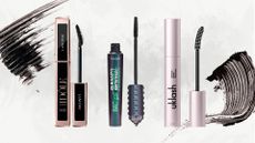 Lineup of three best waterproof mascaras (L-R) from Lancome, Benefit and UKLash, on a white background with mascara swatches
