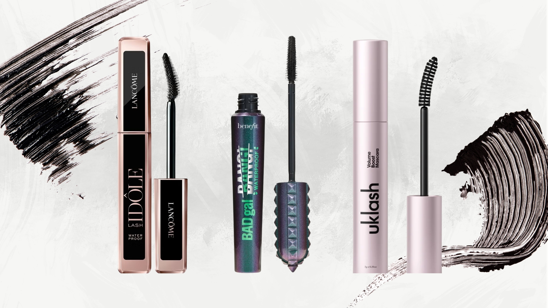Lineup of three best waterproof mascaras (L-R) from Lancome, Benefit and UKLash, on a white background with mascara swatches